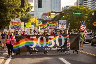 PORTLAND, OR  SEPTEMBER 28, 2025 Demonstrators gathered at the Battleship Oregon Memorial for a peaceful rally and march through downtown Portland opposing the deployment of federal forces.  The protests are sponsored by SEIU Local 503, the ACLU of