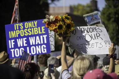 PORTLAND, OR  SEPTEMBER 28, 2025 Demonstrators gathered at the Battleship Oregon Memorial for a peaceful rally and march through downtown Portland opposing the deployment of federal forces.  The protests are sponsored by SEIU Local 503, the ACLU of