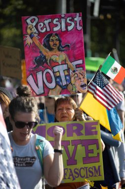 PORTLAND, OR  SEPTEMBER 28, 2025 Demonstrators gathered at the Battleship Oregon Memorial for a peaceful rally and march through downtown Portland opposing the deployment of federal forces.  The protests are sponsored by SEIU Local 503, the ACLU of