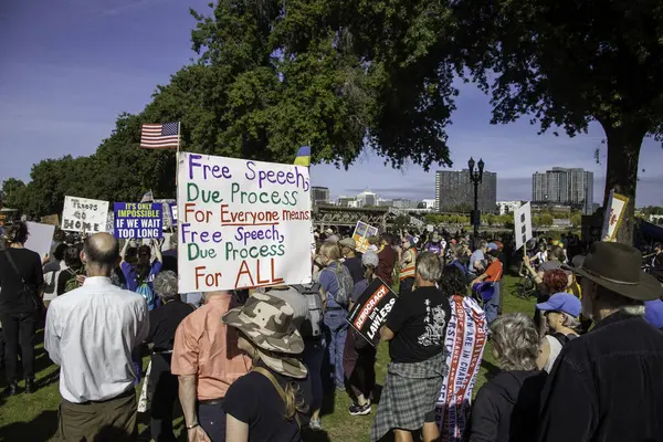 PORTLAND, OR  SEPTEMBER 28, 2025 Demonstrators gathered at the Battleship Oregon Memorial for a peaceful rally and march through downtown Portland opposing the deployment of federal forces.  The protests are sponsored by SEIU Local 503, the ACLU of