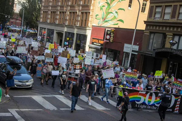 PORTLAND, OR  SEPTEMBER 28, 2025 Demonstrators gathered at the Battleship Oregon Memorial for a peaceful rally and march through downtown Portland opposing the deployment of federal forces.  The protests are sponsored by SEIU Local 503, the ACLU of