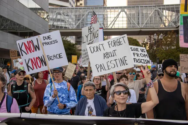 PORTLAND, OR  SEPTEMBER 28, 2025 Demonstrators gathered at the Battleship Oregon Memorial for a peaceful rally and march through downtown Portland opposing the deployment of federal forces.  The protests are sponsored by SEIU Local 503, the ACLU of