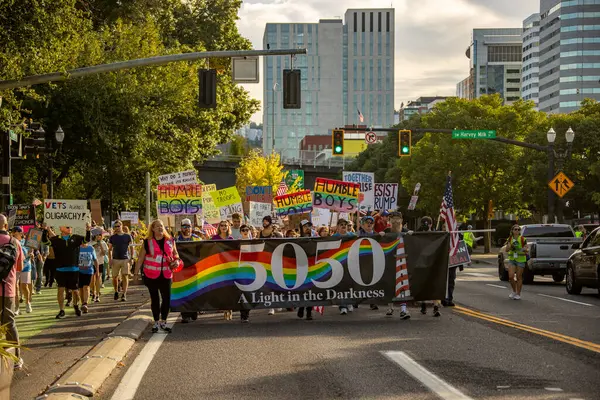 PORTLAND, OR  SEPTEMBER 28, 2025 Demonstrators gathered at the Battleship Oregon Memorial for a peaceful rally and march through downtown Portland opposing the deployment of federal forces.  The protests are sponsored by SEIU Local 503, the ACLU of