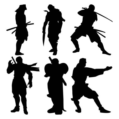 Japon Ninja Tutucu Katana Siluet Eylem Poz Vektörü Beyaz Arkaplan Vol 01