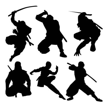 Japon Ninja Tutucu Katana Siluet Eylem Poz Vektörü Beyaz Arkaplan Vol 04