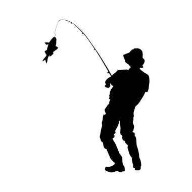 Beyaz arka planda gölde siyah bir siluette balık tutan adam Vol 06