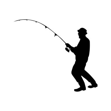 Beyaz arka planda gölde siyah bir siluette balık tutan adam Vol 08