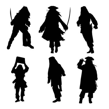 Pirates Silhouette: Serseri Korsanlar, Macera Konsepti, Define Avı, Düz Vektör İllüstrasyonu vol 01