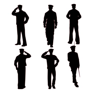 Beyaz arkaplanda izole edilmiş asker siluet vektörü kümesi