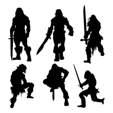 Savaşçı Siyah Siluet Vektör Seti, Savaşçılar Kılıç ve Kılıç Silueti Clidle Vol 01