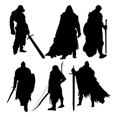 Savaşçı Siyah Siluet Vektör Seti, Savaşçılar Kılıç ve Kılıç Silueti Clidle Vol 03