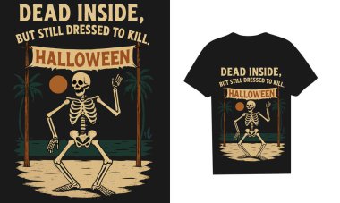 Cadılar Bayramı tişörtünde cadılar bayramı afişinin altında dans eden bir iskelet vardı içinde 