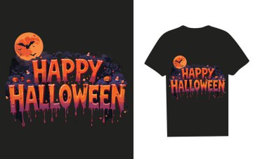 Kızgın turuncu ve kırmızı renkli Mutlu Cadılar Bayramı yazıları damlayan cesur ve ürkütücü Cadılar Bayramı tişörtü tasarımı, perili bir arka planda yarasalar, balkabağı fenerleri ve kanlı bir ay ile hazırlanmış. Cadılar Bayramı partileri ve şeker toplama etkinlikleri için mükemmel., 