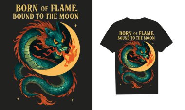 Ateşli, ateş püskürten bir ejderhanın parlayan hilal şeklindeki bir ay etrafında sarılı olduğu efsanevi fantezi tişört tasarımı ve güçlü 