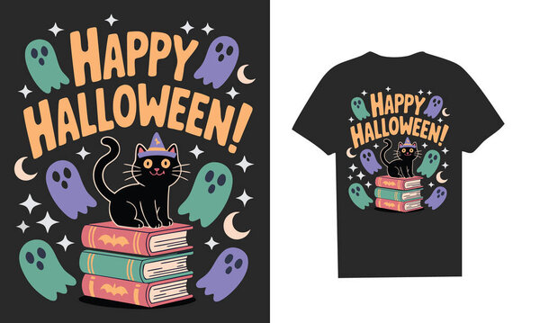 Очаровательный дизайн футболки на Хэллоуин, изображающий черного кота в колпаке ведьмы, сидящего на книгах заклинаний, окружённого красочными призраками, звёздами и полумесяцами. Дизайн включает в себя смелую фразу Happy Halloween в игровой типографии.