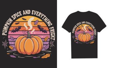 Parlayan balkabağı, yarasalar, örümcek ağları, renkli yapraklar ve balkabağı baharatı ve her şey içeren sıcak balkabağı aromalı bir tişört..