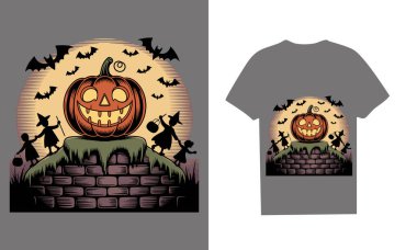 Cadılar Bayramı tişörtünde yeşil bir tepenin üzerinde parlayan bir balkabağı vardı. Etrafı yarasalar ve cadı kostümü giymiş şeker mi şaka mı oynayan çocuklarla doluydu. Ürkütücü sezon aşıkları ve Cadılar Bayramı kutlamaları için mükemmel..