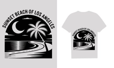 Minimalist plaj tişörtü tasarımı. Ay ışığında bir kıyı şeridi, palmiye ağacı ve 