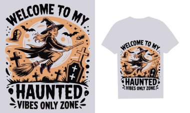 A spooky and fun Halloween-themed T-shirt design featuring a playful witch flying on a broomstick, surrounded by gravestones, bats, and a ghost.