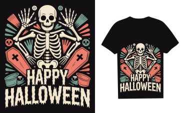 Celebrate Halloween with a spooky skeleton design featuring crossed bones, a coffin, and bold 'Happy Halloween' text. Perfect for Halloween-themed merchandise, this eye-catching graphic captures the festive spirit in a fun, retro style