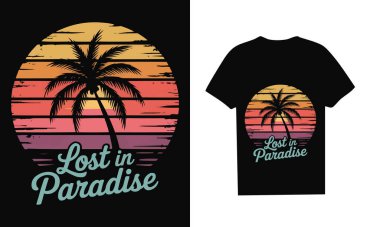 A stunning palm tree silhouette set against a striped tropical sunset background with the phrase 