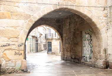 Pontevedra 'nın tarihi merkezi, taş duvarlı, Galiçya, İspanya