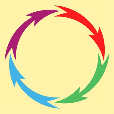 Dairesel ok döngüsü. Dört renkli ok var. Süreç akış illüstrasyonu. Vektör dönüş sembolü. EPS 10.