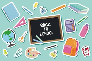 Okul malzemeleri çıkartmalarına geri dön. Düz vektör illüstrasyonu