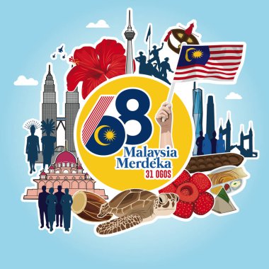 Vektör çizimi. Malezya Bağımsızlık Günü, 31 Ağustos. 68 yıl bağımsızlık günü. Sosyal medya ve yazdırma medyası için Malezya gündüz afişi ve poster tasarımı