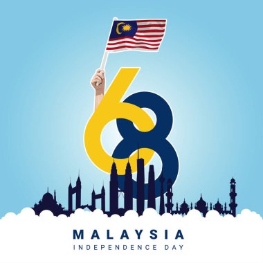 Vektör çizimi. Malezya Bağımsızlık Günü, 31 Ağustos. 68 yıl bağımsızlık günü. Sosyal medya ve yazdırma medyası için Malezya gündüz afişi ve poster tasarımı