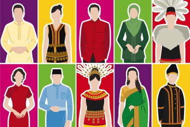 Malezya 'da çeşitliliğin vektör illüstrasyonu. Malay, Hindistan, Çin, Hindistan, Kadazan, Iban. Düz dizayn. Geleneksel kostümlü Malezya ana etnik grupları