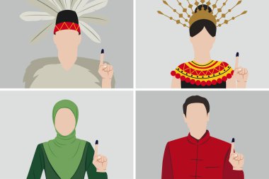 Malezya halkının Genel Seçim Günü Konsepti 'ndeki temsilcisi. Tırnak, malay, çin, Hint, kadazan, iban işaretli seçmen parmakları