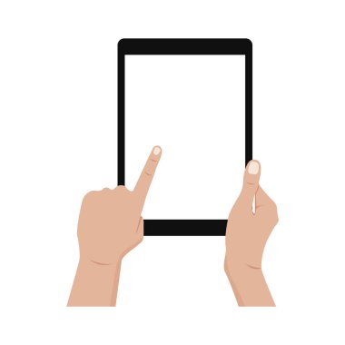 Beyaz arkaplanda boş ekranı olan dijital tableti el ele tutuş. Vektör illüstrasyonu.