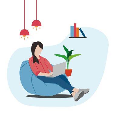 Serbest çalışan, koltukta oturan mutlu bir kadın evde çalışıyor, uzaktan çalışıyor. Web pankartı, bilgi grafikleri, poster, mobil için vektör illüstrasyonu