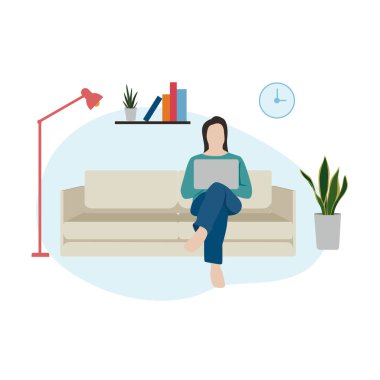 Serbest çalışan, koltukta oturan mutlu bir kadın evde çalışıyor, uzaktan çalışıyor. Web pankartı, bilgi grafikleri, poster, mobil için vektör illüstrasyonu