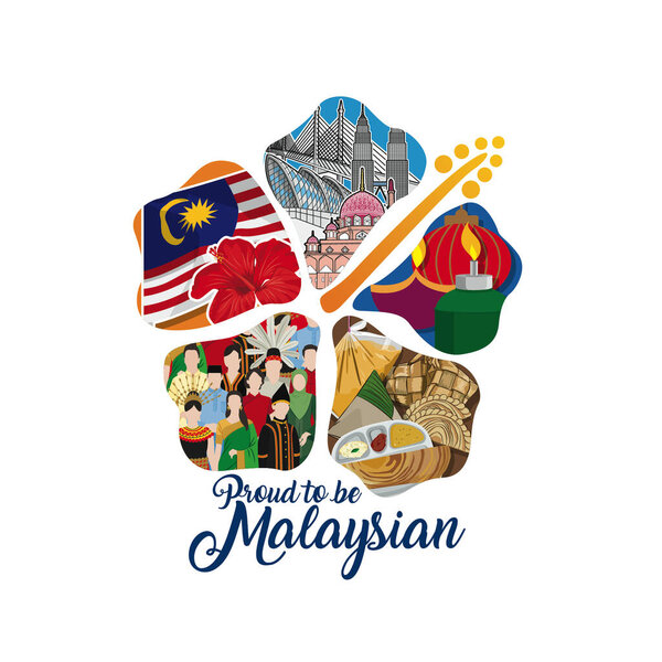 Proud to be Malaysian hibiscus illustration with landmarks, culture, food, people and national unity in vibrant vector design. Vector illustration