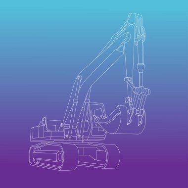 İnşaatın sağ tarafındaki perspektif görüş çizgisi vektör çizimi ağır makine kazıcısıdır. Sürekli çizgi çizimi.