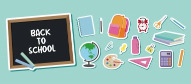 Okul malzemeleri çıkartmalarına geri dön. Düz vektör illüstrasyonu