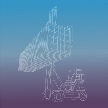 Forklift kamyonunun sol tarafındaki perspektif çizimi. Lojistik nakliye deposuna konteynır kutusu taşıyorum. Sürekli çizgi çizimi.