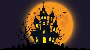 Dolunay ve yarasaların cadılar bayramı resimleriyle hayaletli ev silueti.