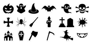  Cadılar Bayramı Siluet Simgesi Tatil Tasarımları için Ürkütücü Siyah Vektör Sembollerini Ayarla