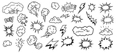 Comic Explosion Bulut Yıldırımı Pop Art Doodle Clipart Vector Ayarları