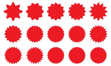 Bir dizi kırmızı yıldız patlaması. Fiyat etiketi, satış etiketi, fiyat etiketi, yıldız patlaması, kalite notu, çember çıkartma seti. Fiyat etiketleri için kırmızı yıldız patlaması şekil etiketleri