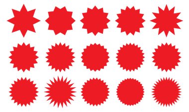 Bir çift kırmızı yıldız patlaması, güneş patlaması rozetleri. Vektör yıldız çarpması. Katran patlaması şekli soyut şekil elementi. Özel teklif fiyat etiketleri