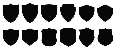 Kalkan simgeleri ayarlandı. Kalkan vektörü, polis rozeti şekli. Logo ve Rozet Tasarımı için Benzersiz Amblem Şekillerini Koru