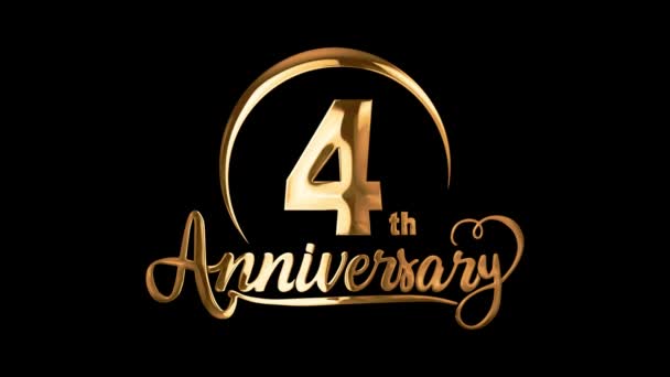 4Th Happy Anniversary Typography Golden Text Animation Appear Black Background — Stock Video