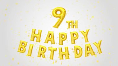 9. Doğum günün kutlu olsun Altın Balonlar Metin Dekorasyonu modaya uygun arka planda altın konfeti parlıyor. Doğum günü dilekleri, tebrik kartı, davetiye, kutlama, parti, tatil, festival dekorasyon konsepti