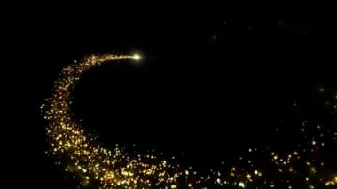 Altın Parıldayan Işık Çemberi parçacıkları parıldıyor. Toz bulutu. Parkling 'in parlak dalgası. Sihirli ışıltı arka planda kıvılcım saçar. Doğum günü, yıldönümü, yeni yıl 2024, olay, Noel, festival, Diwali.