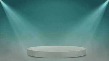 4K 3D Modern Podyum dairesi. Platform ürün modelleme görüntüsü olan fütürist bir vitrin. Boş sahne elektrik ışığı. Geometrik şekiller bileşimi. Kozmetik ürünü parlak vitrin sunumu