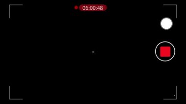 Kamera görüntüleyicisi. Kayıtta. Kamera çerçevesi telefon dikey kamera ekranı, akıllı telefon kaydı çerçeveyi siyah arkaplan ile örtüyor. Dijital ekran 4k mobil video kaydedici, kayıt düğmesi